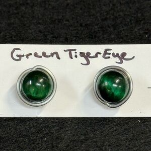 Wire Wrapped Green Tiger Eye Studs